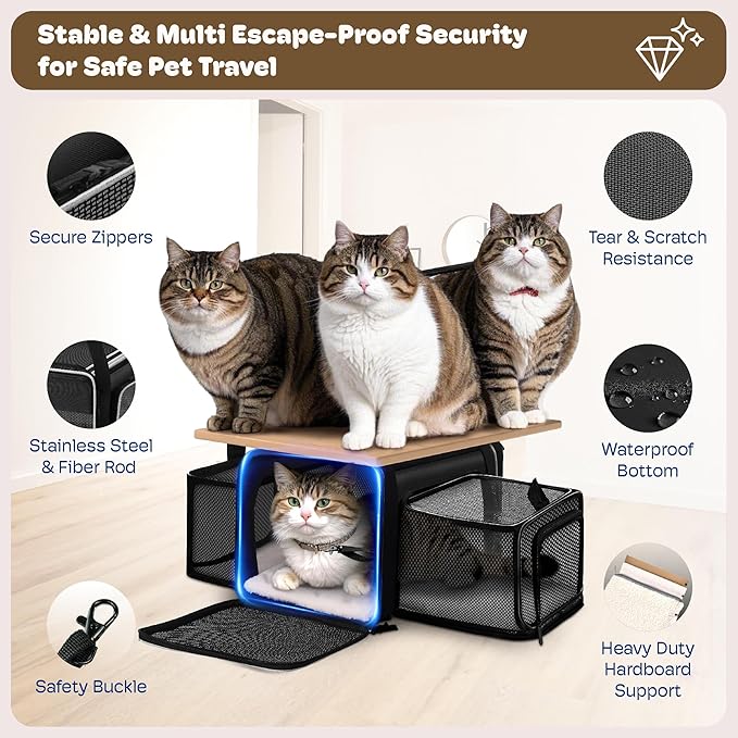 Top and 2 Sides Expandable Cat Carrier 18x11x11, TSA Airline Approved Dog Carriers for Small Dogs, Soft-Sided Pet Carrier with Self-Locking Zippers for Kitten,Rabbit, Puppy, Guinea Pig Black White