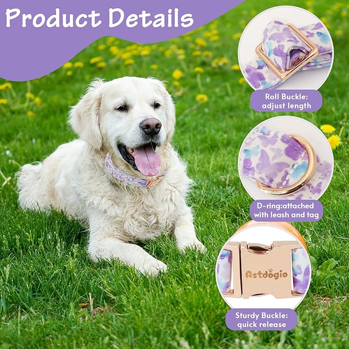 Astdogio Elegant Butterfly Dog Collar, Purple Blue Gradient Design Collars for Dogs, Adjustable Comfortable for Small Medium Large Dogs, Handmade Cotton Puppy Collar for Daily Walks, Park Adventures-M