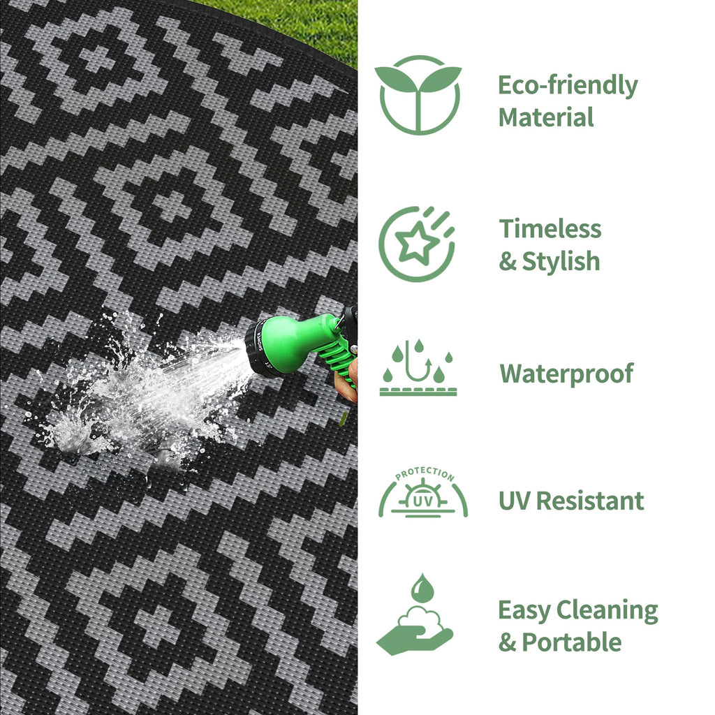 GENIMO Outdoor Rug, Waterproof Plastic Rugs for Patio, 8' Round Black Grey