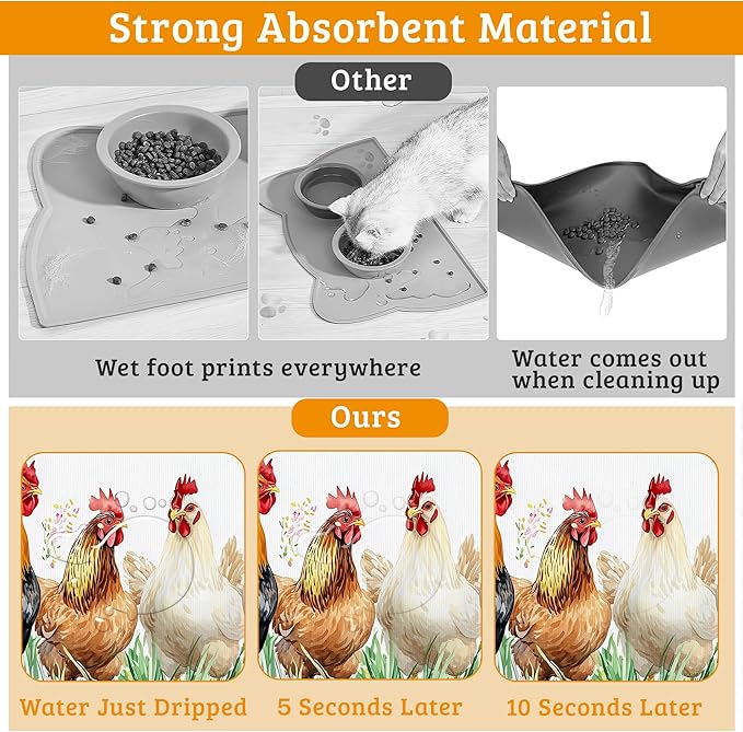 Chicken Rooster Dog Cat Food Mat,Green Grass Absorbent Waterproof Placemat for Food and Water Non Slip Rubber Backing Durable Feeding Pad for Clean Floors 16" x 24"