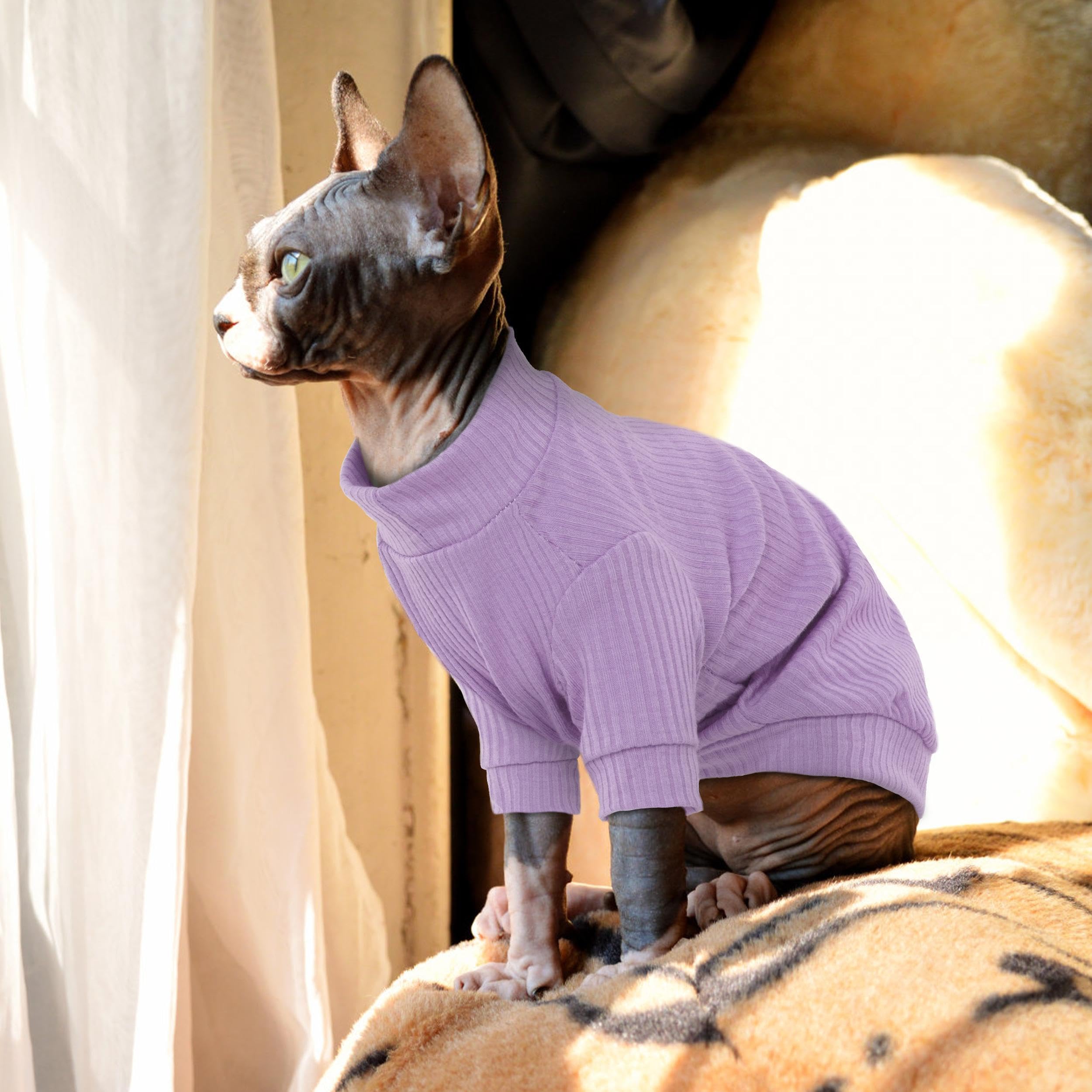 PUMYPOREITY Cat Clothes: Stretchy Cat Shirt & Sweater with Sleeves for Sphynx, Devon Rex & More - Purple