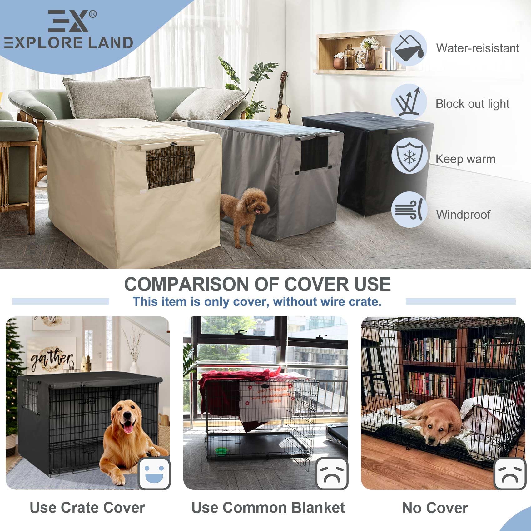 Explore Land Dog Crate Cover Heavy Duty Polyester Pet Kennel Sunshade Universal Fit for 54 inches Wire Cage (Black)