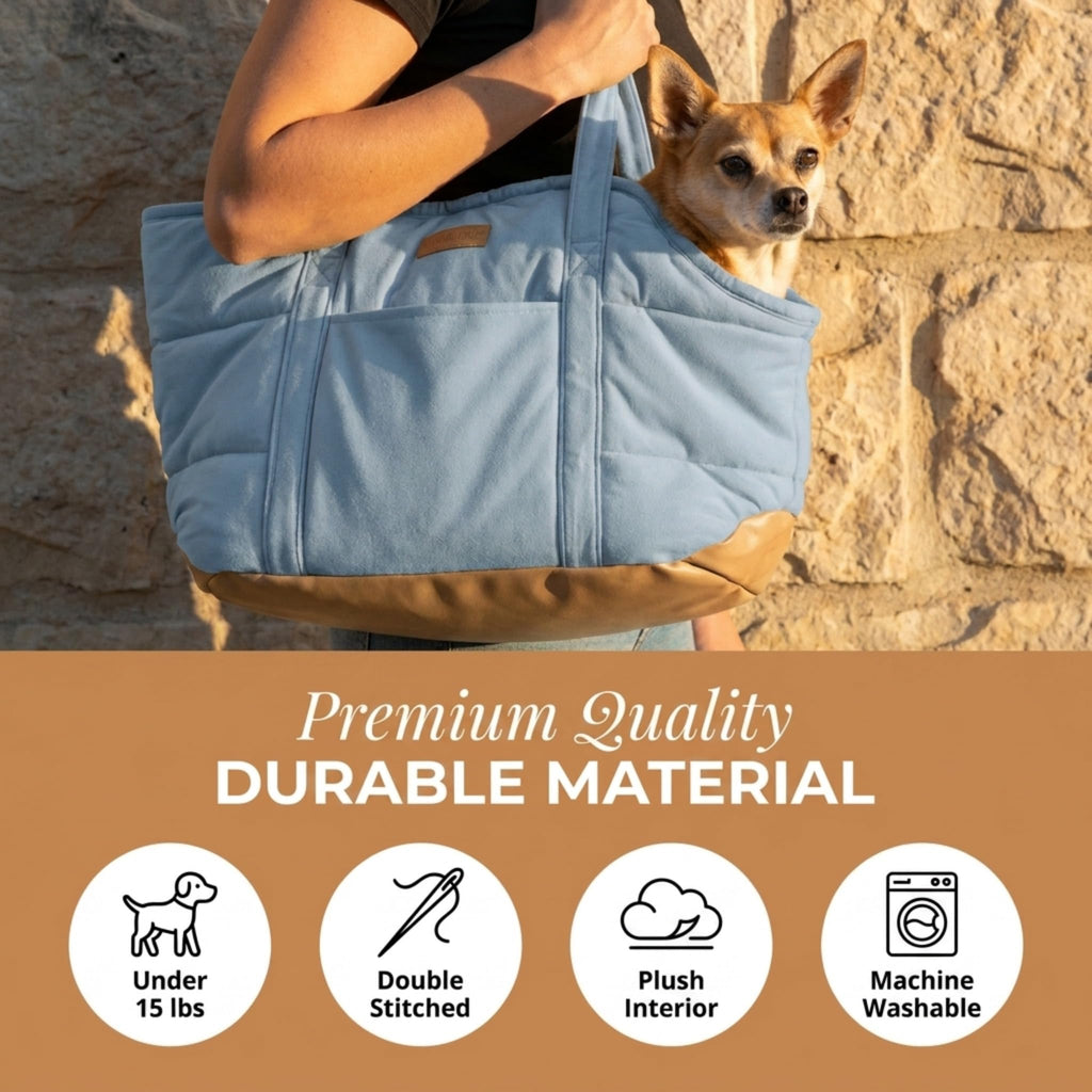 NoblePup Plush Dog Purse Carrier for Small Dogs, Soft Dog Tote Bag with Safety Harness Clip, Cozy Pet Carrier for Dogs Under 15 lbs, Comfortable Dog Shoulder Carrier for Travel, Light Blue