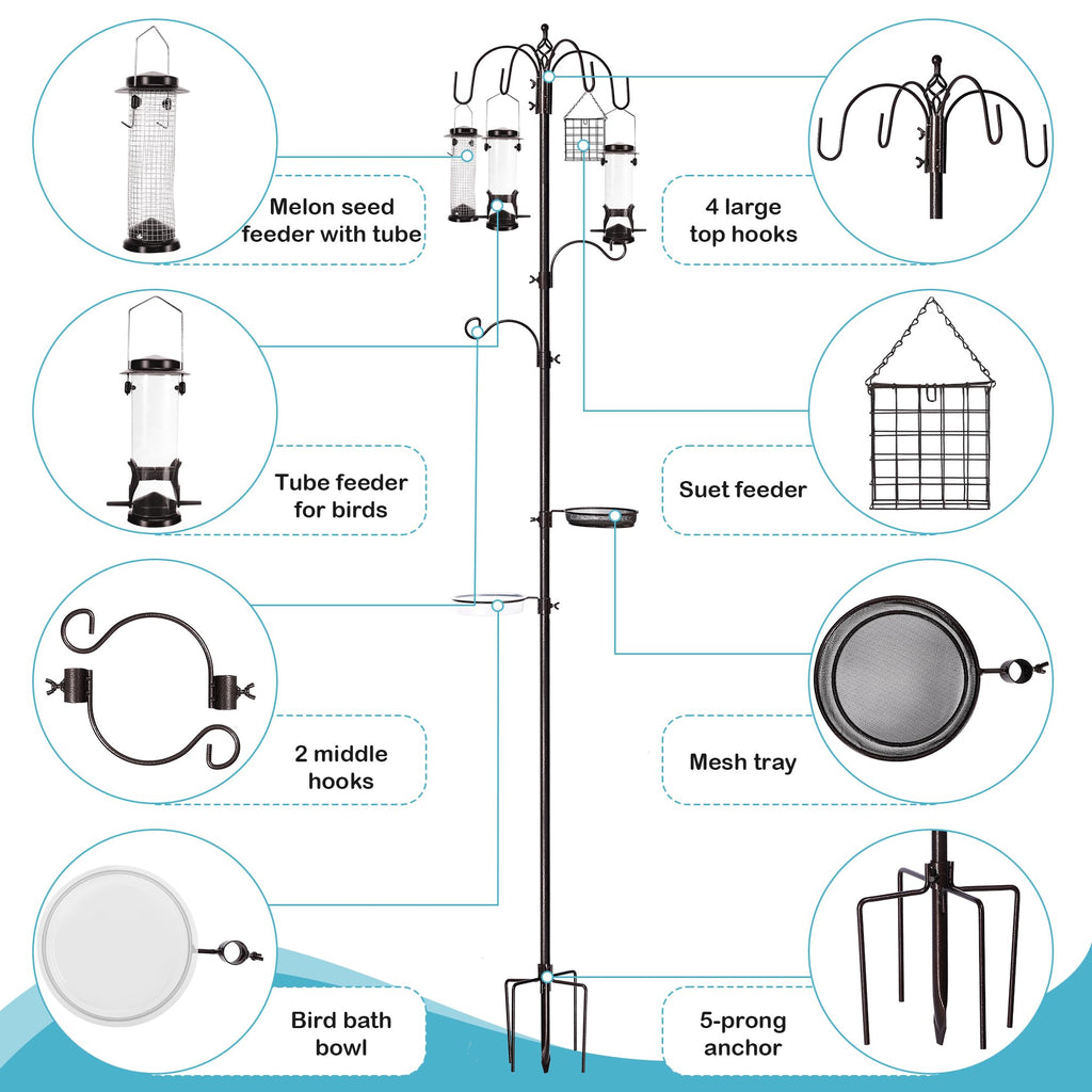 YINGYM 6-Hook Bird Feeding Station, 94 Inch Bird Feeder Pole for Outdoors