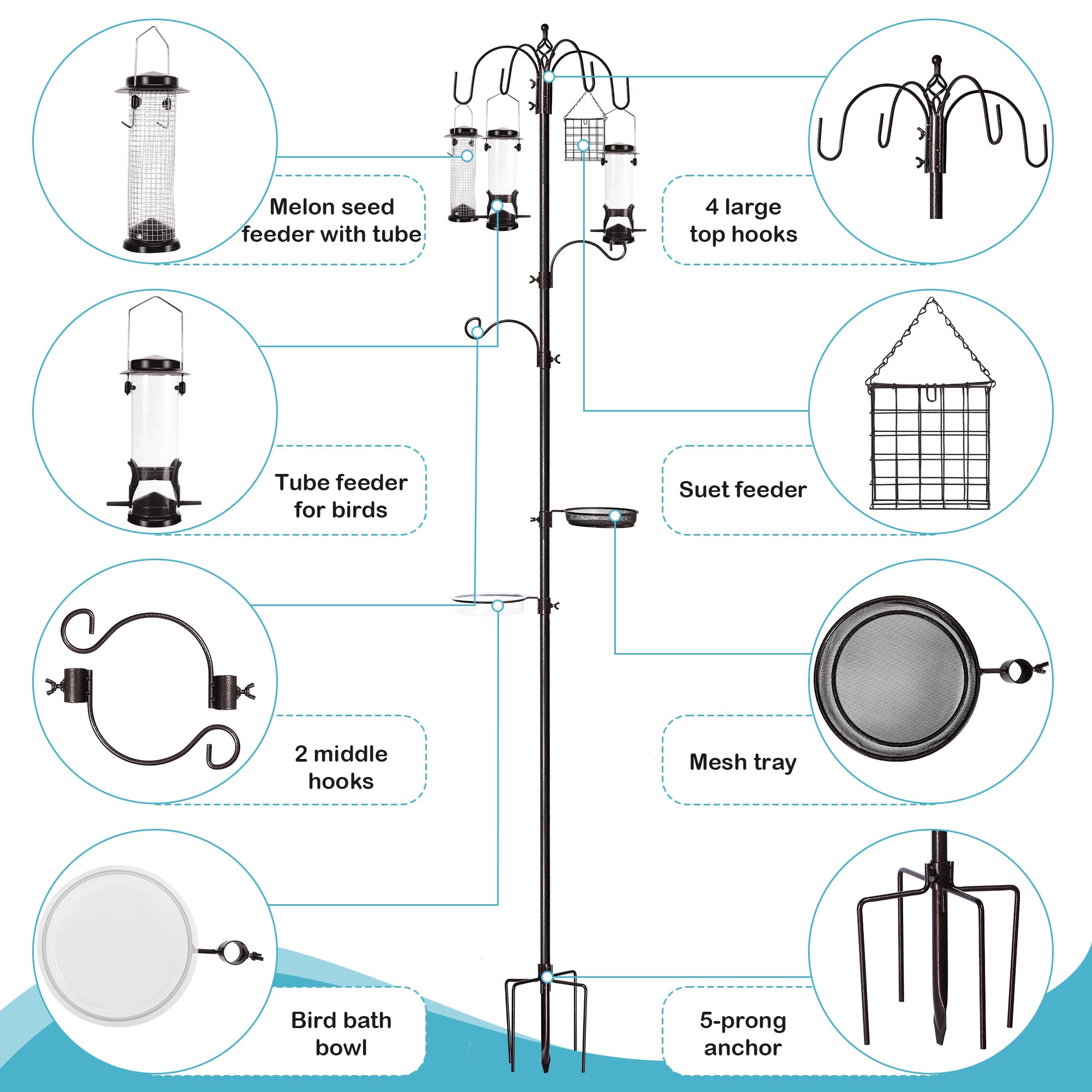YINGYM 6-Hook Bird Feeding Station, 94 Inch Bird Feeder Pole for Outdoors