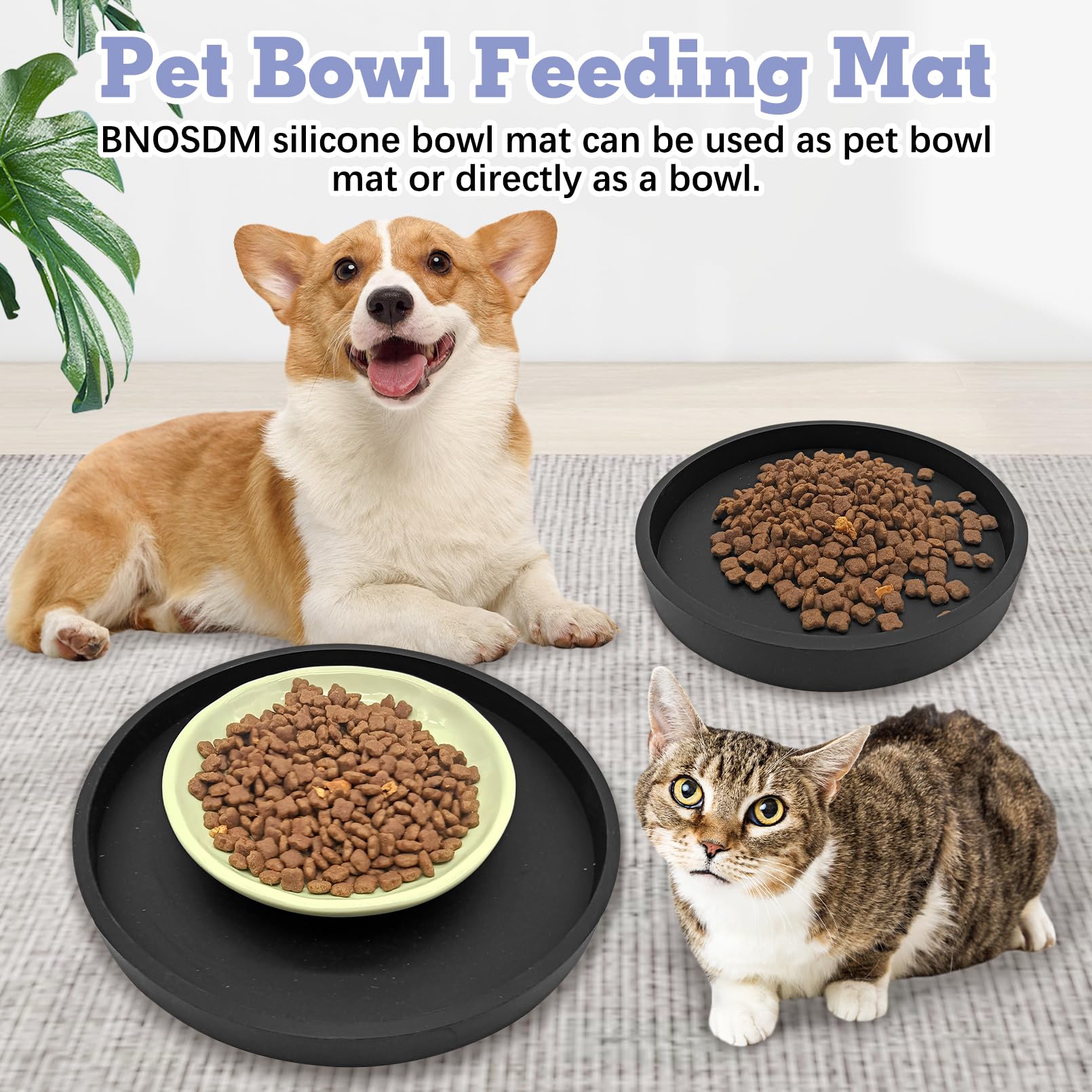 BNOSDM 2 PCS Dog Feeding Mat Black Silicone Pet Food Mats Waterproof for Dog Cat Bowl Placemats Nonslip Cat Food Mat for Small and Medium Cats and Dogs (9.1in)