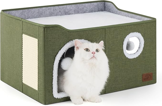 Bedsure Extra Wide Cat House Bed with Fluffy Ball and Scratch Pad