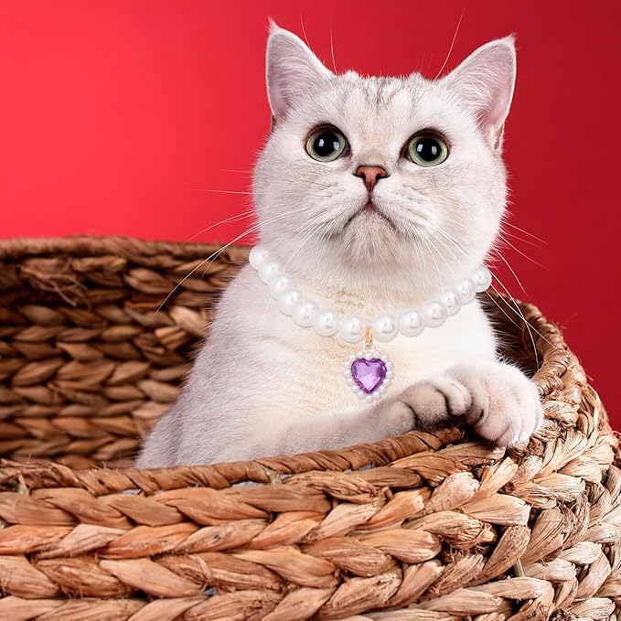 2pcs Cat Pearl Collar with Heart Pendant, Cute Pearl Pet Necklace in Small, Adjustable Wedding Party Small Dog Jewelry Accessories for Puppy Kitten- White & Purple