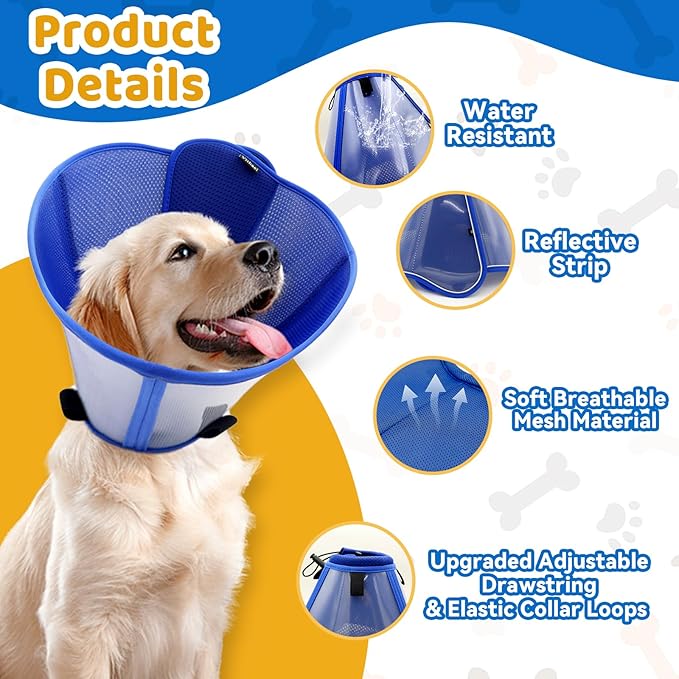 Upgraded Dog Cone Collar for Large Medium Dogs, Soft Dog Cone with Double-Layer Design, Adjustable Pet Recovery Collar for Dogs After Surgery, Elizabethan Collar (S, Blue)