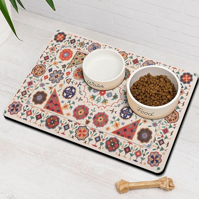 Moroccan Trellis Dog Food & Water Mat, Boho Colorful Vintage Pet Feeding Mat for Floor Non-Slip Waterproof, Super Absorbent Cat Bowl Mat, Easy to Clean Durable Pet Placemat,24" × 32"