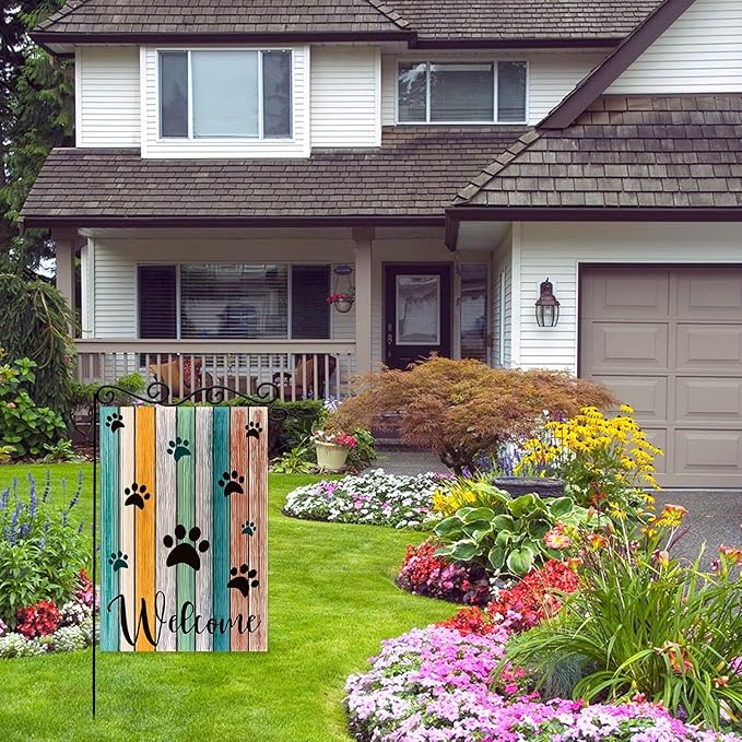 Welcome Paw Garden Flag,Welcome Spring Summer Garden Flag Colorful Footprint Summer Flag,Cat Dog Paws on Colorful Wooden Plank Yard Flag. 12x18 Double Sided