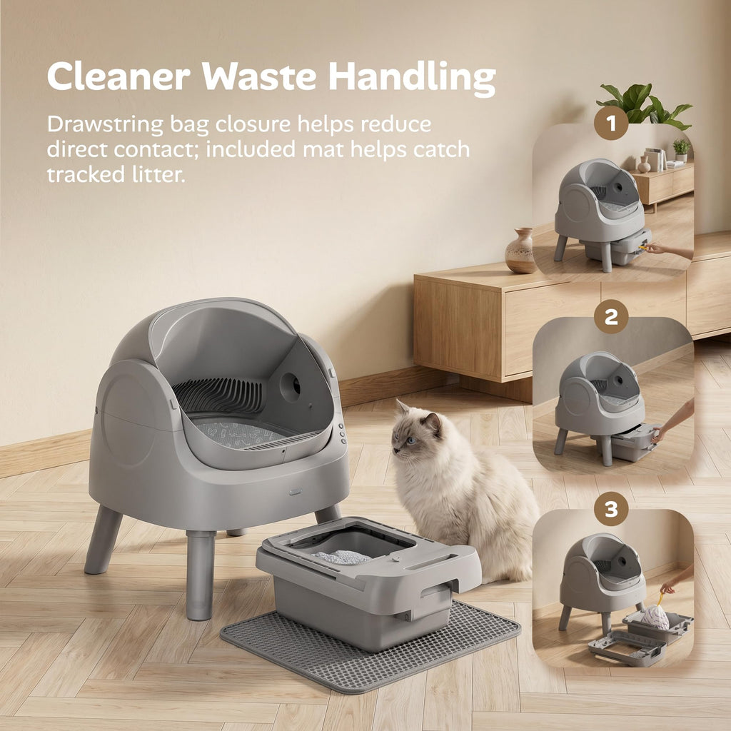 Mimfam Automatic Self Cleaning Litter Box, with 4 Pairs Infrared Senor, Open-Top Design for Multi-Cat Homes, Comes with Liner Bags and Cat Litter Mat, Grey