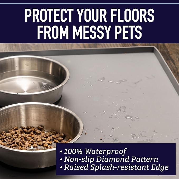 Leash Boss Dog Food Mat - Waterproof Cat & Dog Bowl Mat for Food and Water, Silicone Pet Feeding Mats for Floors, Non-Slip Placemat with High Edges, Puppy Essentials (ML: 20"x13", Navy)