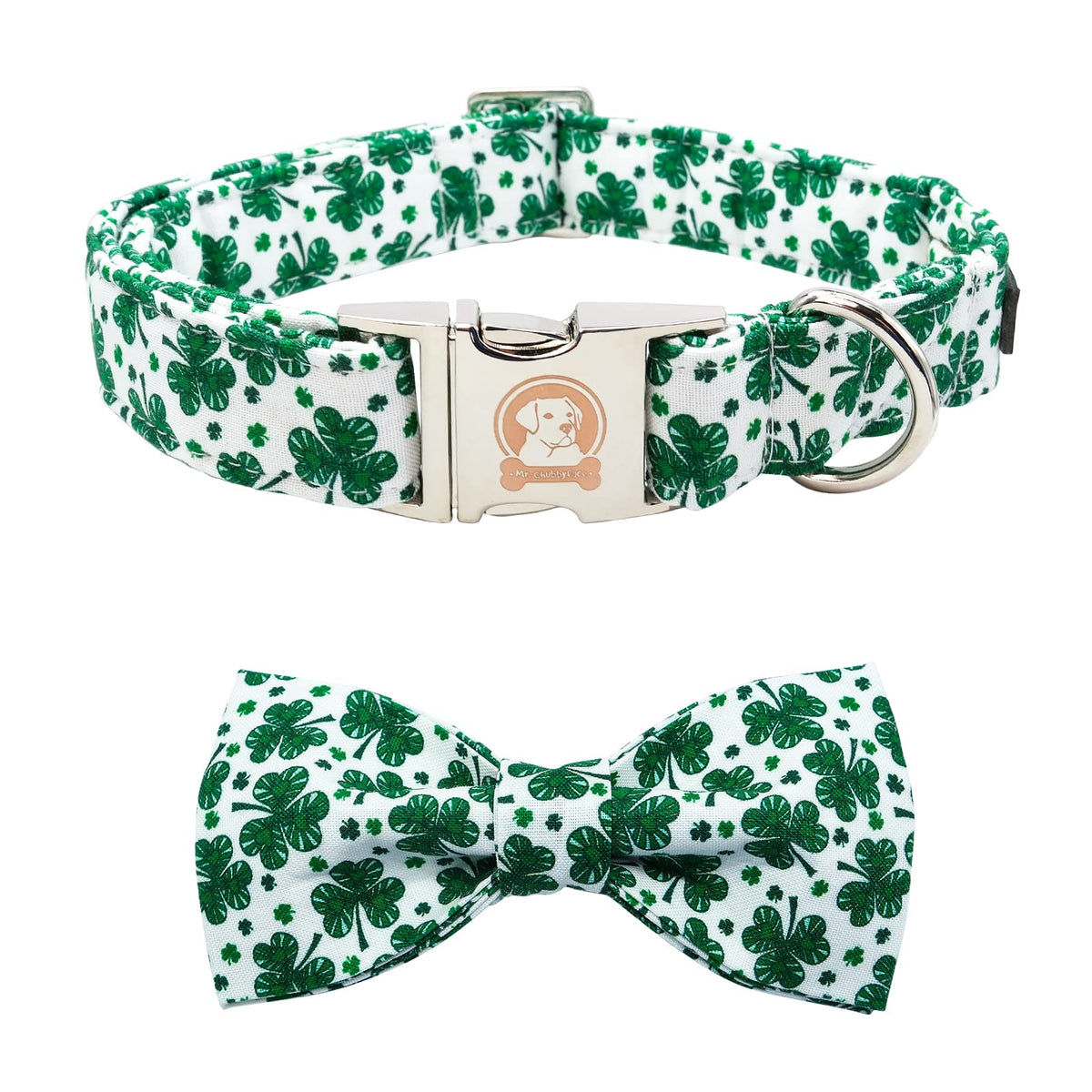 MR. CHUBBYFACE· St.Patrick's Clover Dog Collar with Bowtie, White Green Clovers Shamrock Pet Collar with Metal Buckle, Soft Adjustable Puppy Collar for Small Medium Large Dogs