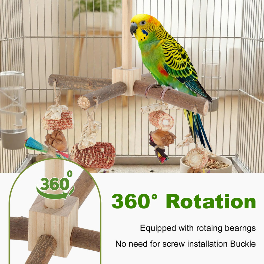 RENEWREVITAL Rotating Bird Perches, Natural Wooden Perch with Chew Toy, Bird Toys for Small & Medium Birds, Large, Natural Wood Color, 1 Set