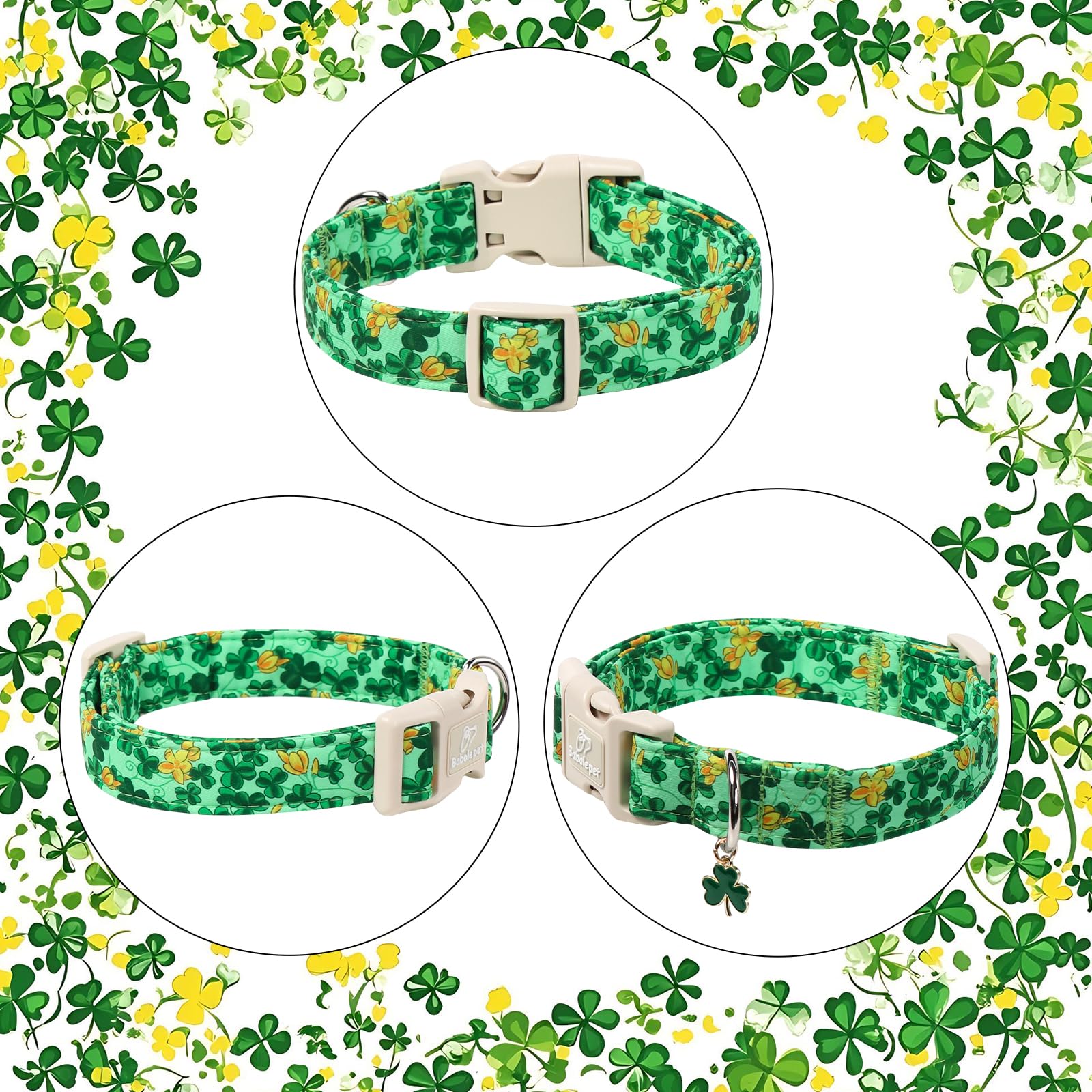 Babole Pet St. Patrick's Day Dog Collar for Large Dogs - Green Shamrock & Yellow Flower Print Dog Collars, Cute Irish Party Puppy Collar, Lightweight Adjustable St. Patricks Day Pet Collars XL