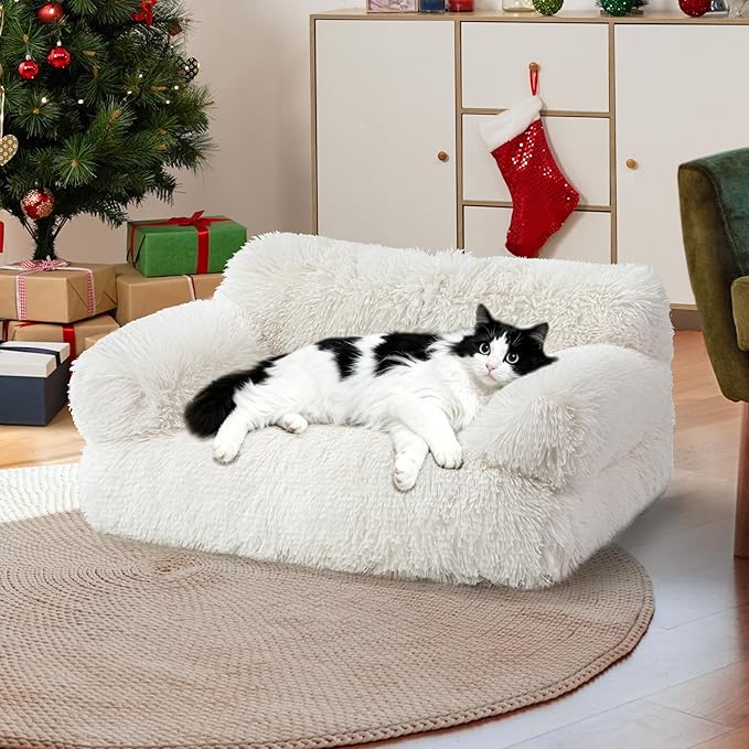FURMORENE Large Cat Beds for Indoor Cats, Dog Couch Bed, Cute Cat Couch Sofas for Less 20lbs Kitten Puppy, Small Dog Sofas & Chairs with Removable Washable Cover, Soft Warm Pet Furniture, Plush White