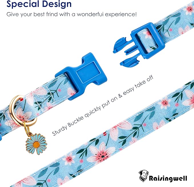 Raisingwell Cotton Dog Collar Blue Flower Pattern for Boys and Girls Cute Dog Collars Summer Fall Gift Adjustable for Medium to X-Large Breed Dogs (L)