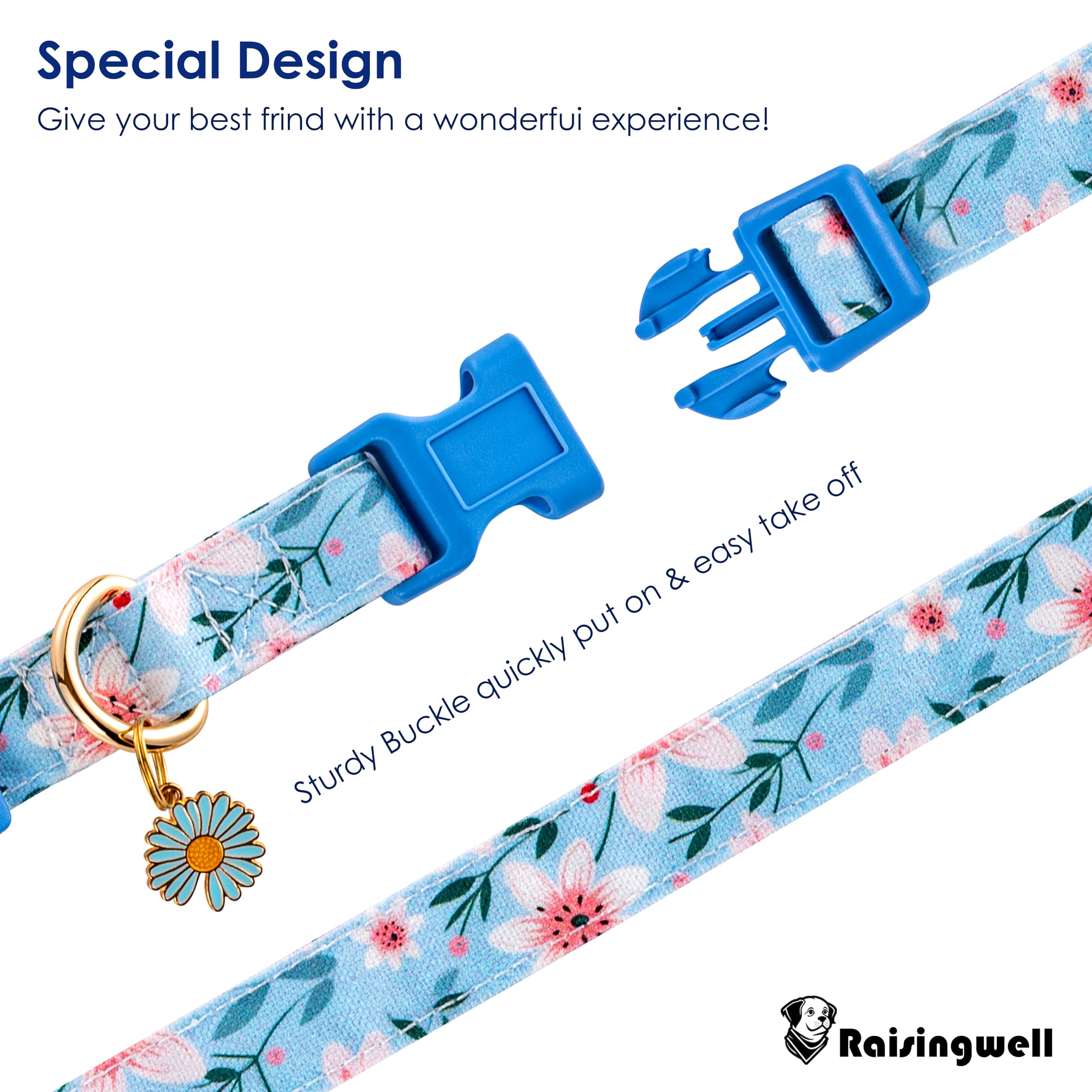 Raisingwell Cotton Dog Collar Blue Flower Pattern for Boys and Girls Cute Dog Collars Summer Fall Gift Adjustable for Medium to X-Large Breed Dogs (L)