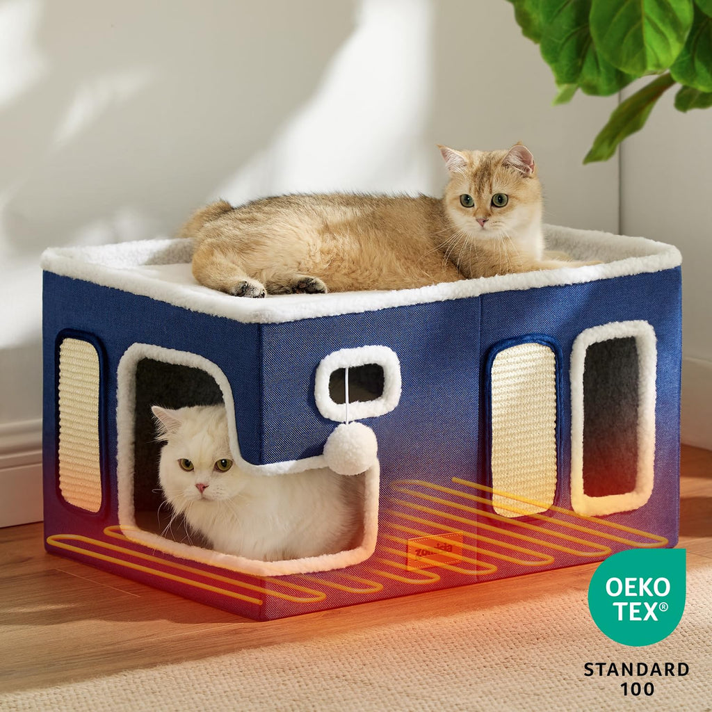 ZOMISIA Heated Cat House for Indoor Cats - Large Cat Warming Bed for Winter with Fluffy Ball Hanging and Adjustable Heating Pad, Foldable Cat Hideaway,23x16.5x13 inches, Navy Blue
