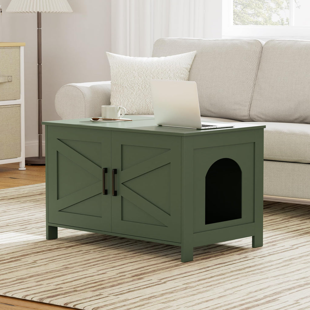 Homhedy 31.5" L Cat Litter Box Enclosure with Barn Door, Green