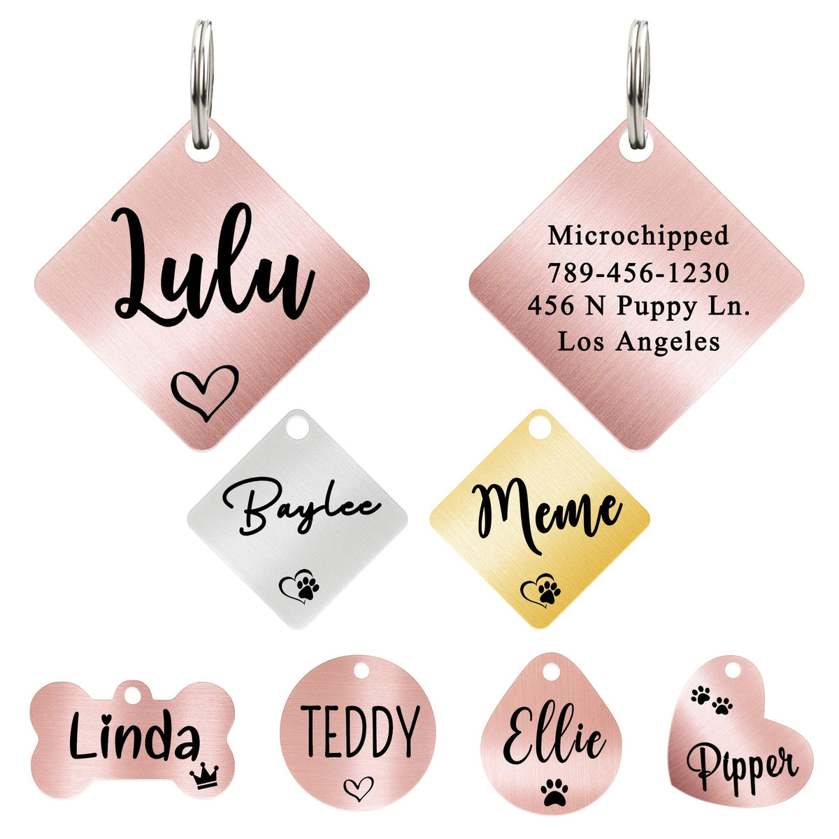Ultra Joys Custom Personalized Pet ID Tag - Brushed Stainless Steel Heart in Rose Gold, Large