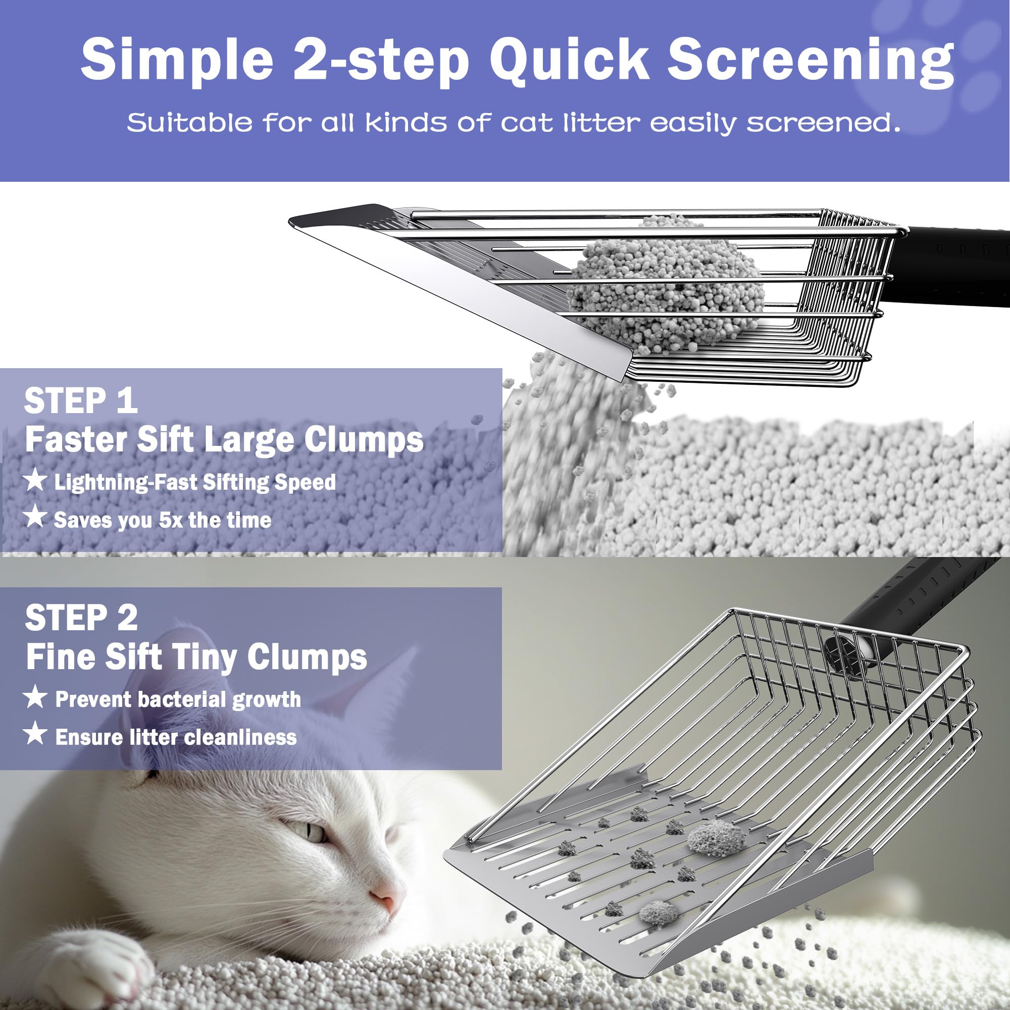 Cat Litter Scooper with Holder, Metal Litter Scoop Includes Portable Small Broom and Dustpan Set, Heavy Duty Stainless Steel Litter Scoop with Coarse and Fine Grid, Quick Sift and Easy Clean