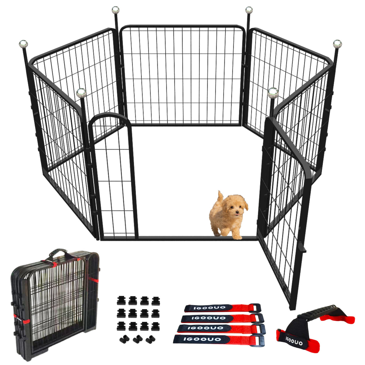 IGOOUO Portable Dog Crates & Playpen, 32'' Metal Pet Pen for Small/Medium Dogs, Indoor/Outdoor, Easy-Carry Straps, Rustproof, One Door