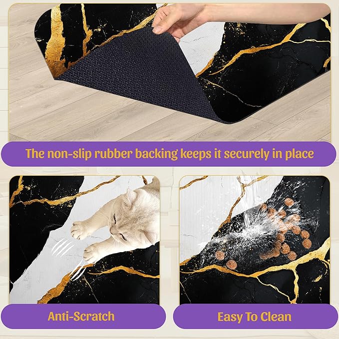 Black Gold Marble Dog and Cat Food Mat, Absorbent Feeding Placemat, Waterproof Non-Skid Rubber Backing, No Stains Pet Supplies – 12x20 Inch
