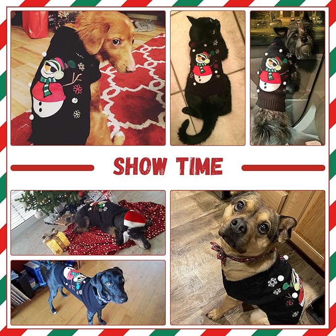Christmas Dog Sweaters Xmas Pet Outfit Clothes Cute Black Snowman Costume Puppy Cat Knitted Jumpers (XXL,Black Snowman)