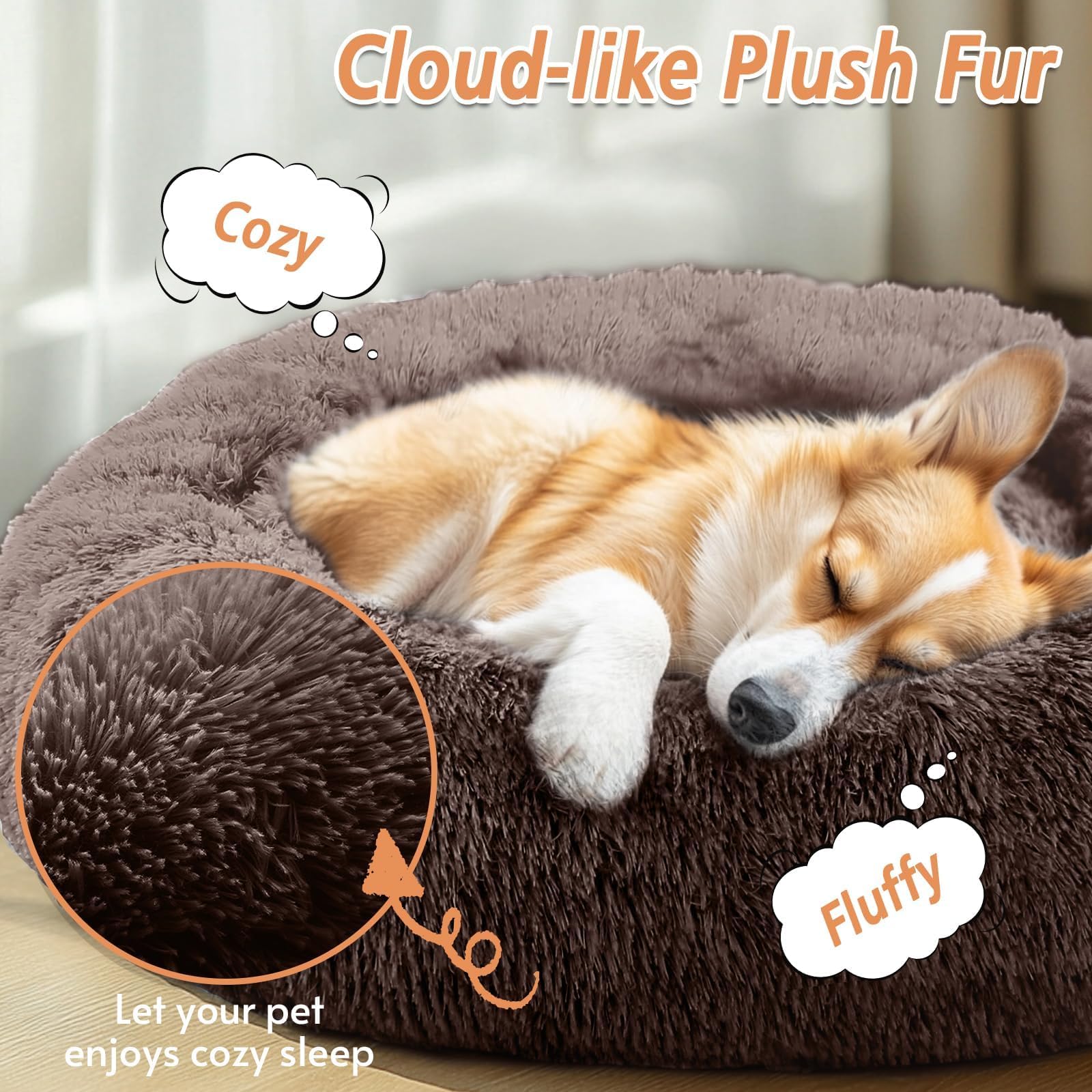 JOLLYVOGUE Calming Dog Beds Large Sized Dog, 36in Donut Washable Large Pet Bed, Anti-Slip & Anti-Anxiety Fluffy Faux Fur Round Dogs Bed, Fits up to 80 lbs Pets （Chocolate）