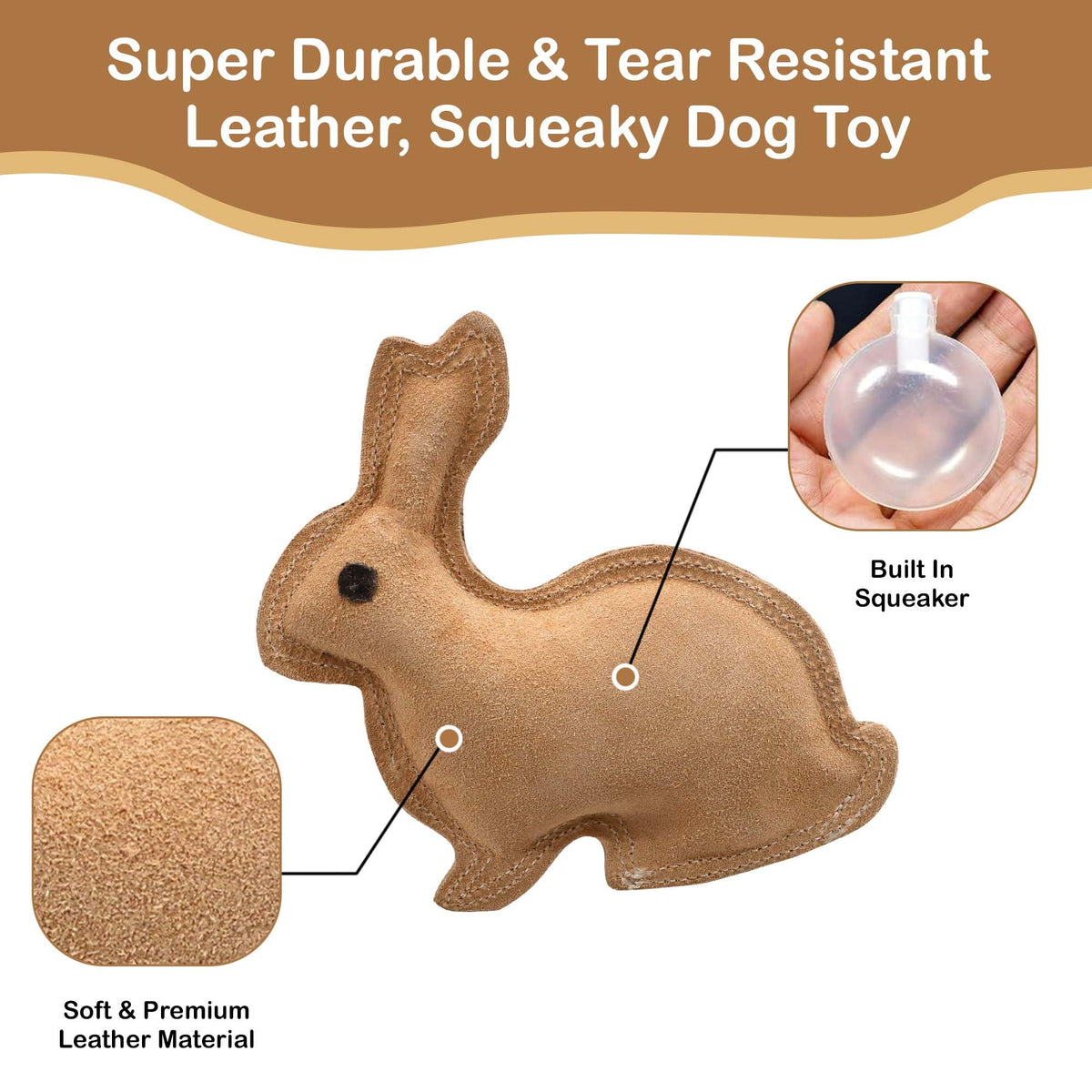 SPOT Dura-Fused Leather Rabbit Dog Toy – Durable Real Leather & Jute Chew Toy with Squeaker, Double-Stitched for Moderate Chewers, Small & Medium Dogs, 7.5in