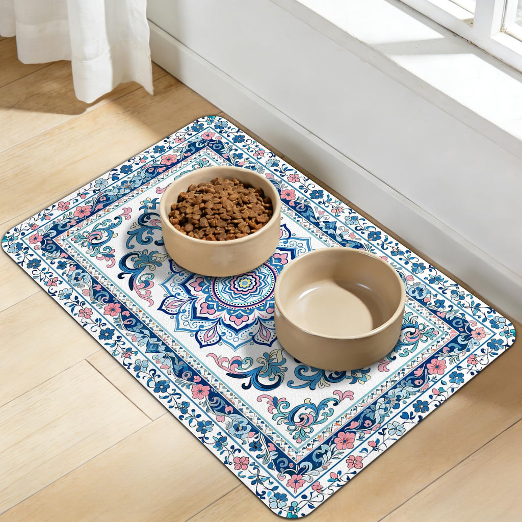 Dog Food Mat for Bowls, Absorbent Quick Dry Dog Cat Mats for Food and Water, Non-Slip Backing Pet Mat Pet Supplies - Blue Vintage Floral Pattern