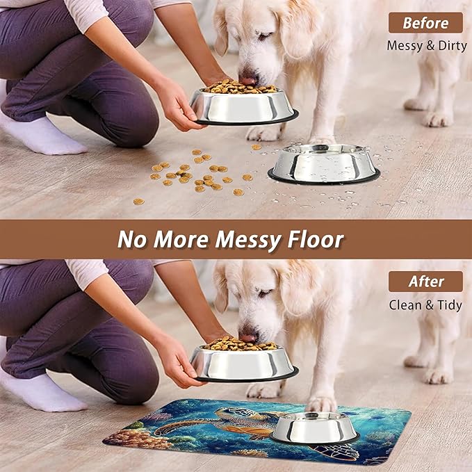 Turtle Dog Cat Food Mat,Coral Fish Absorbent Pet Feeding Mat for Food and Water,Non-Slip Dog Bowl Mats Floor Protector 16"x24"