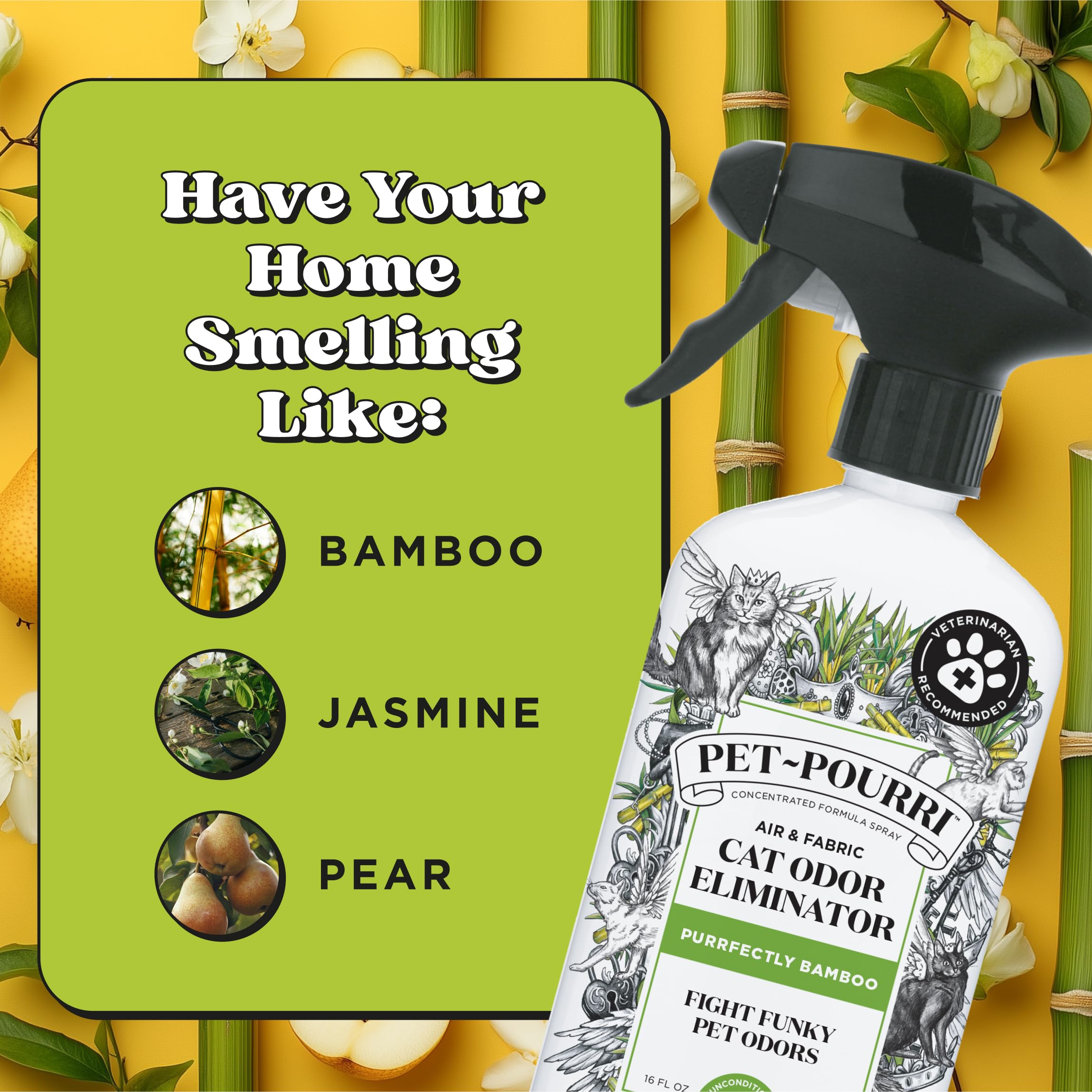 Pet-Pourri Smell Ya Litter Cat Litter Deodorizer Spray, Purrfectly Bamboo 3.4 Fl Oz, Up to 170 Uses, Pet Odor Remover with Essential Oils for Air, Carpet, Urine, Vet Recommended, Bergamot Bamboo Scent