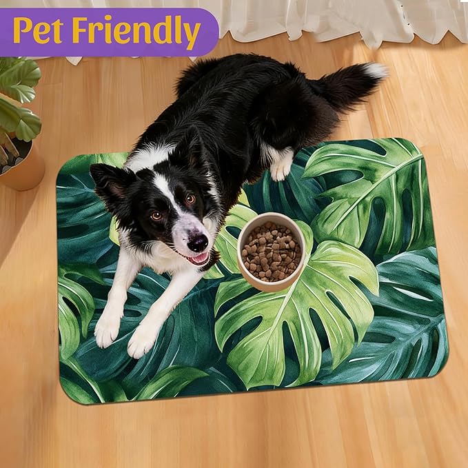 Tropical Palm Leaves Pet Feeding Mat, Absorbent Quick-Dry Dog Cat Bowl Mat, Non-Slip Bottom, Indoor Use – 12x20 Inch