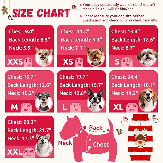 Dog Christmas Sweater Cute Striped Reindeer Xmas Pet Clothes Holiday Puppy Cat Costume New Year Gifts for Small Medium Large Dogs Jumpers (XS, Red White Stripe Reindeer)