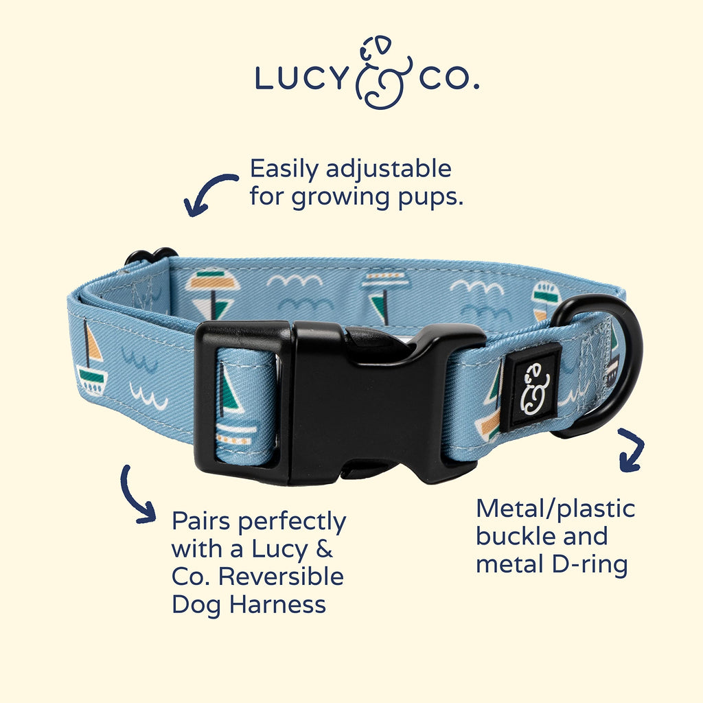 Lucy & Co. Set Sail Adjustable Dog Collar- Cute Designer Pet Collar for Small, Medium, Large Dogs- Buckle Closure Dog Accessories, Large, Blue with Green & Yellow Sailboats