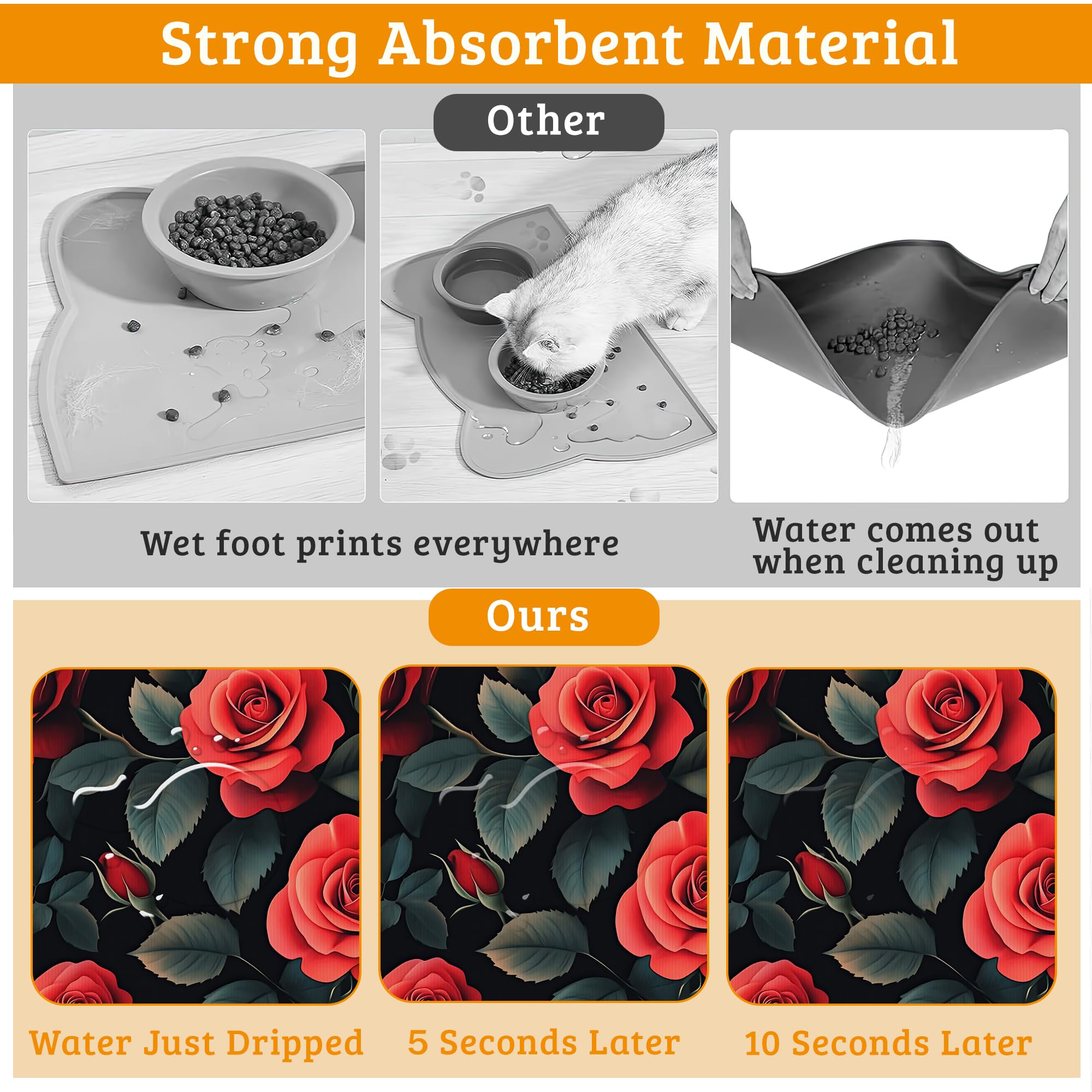 Retro Rose Feeding Mat,Green Leaf Absorbent Quick-Dry Cat Dog Food and Water Bowl Mats,Non-Slip Rubber Backing Mat,Cat Dog Accessories Supplies 12" x 20"
