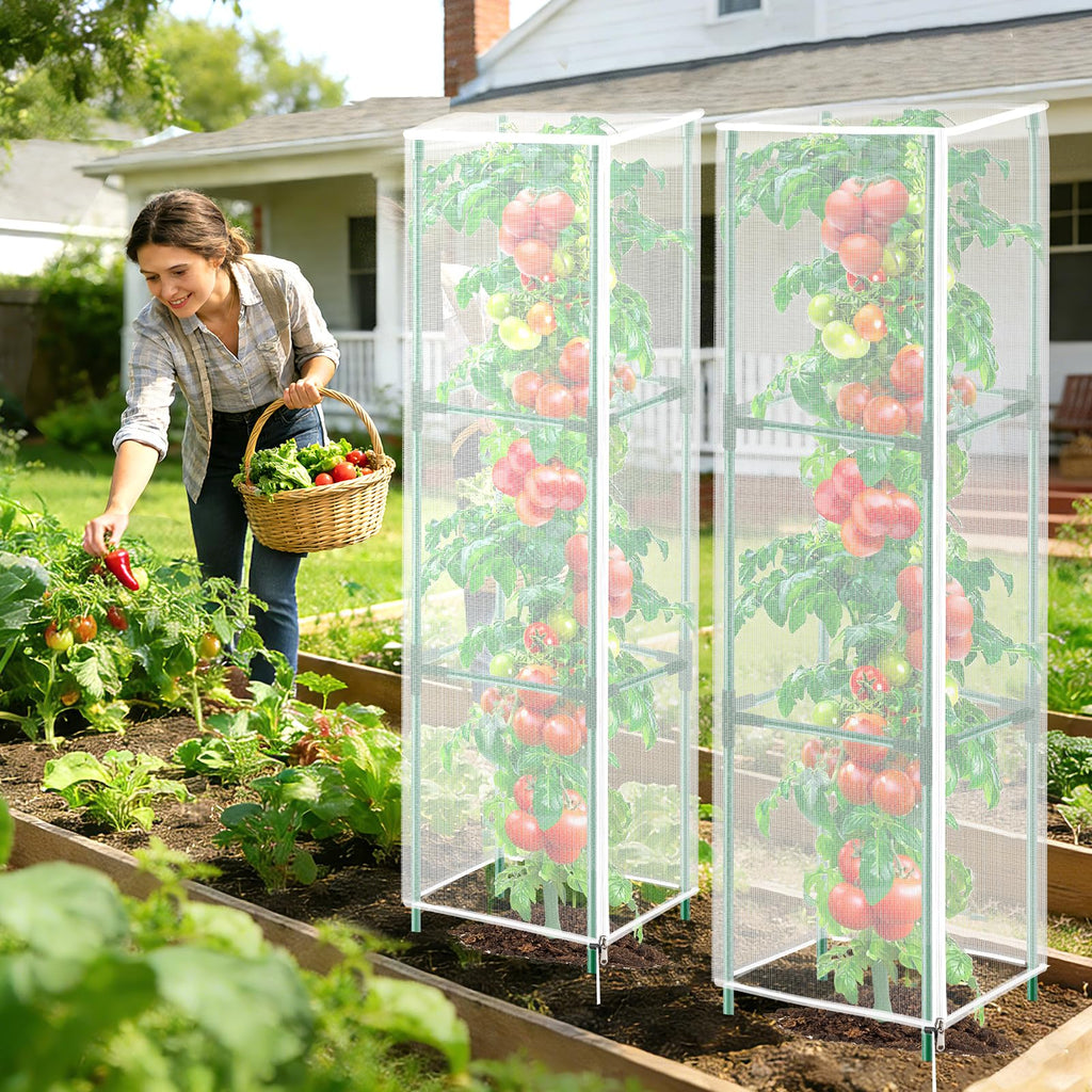 3 Pack Garden Bird Netting Plant Cover for Square Tomato Cage,14.6"x14.6"x51.2" Insect Bird Barrier Tomato Cage Net with Zipper Drawstring,Tomato Trellis Netting Protection Cover for Protecting Plants