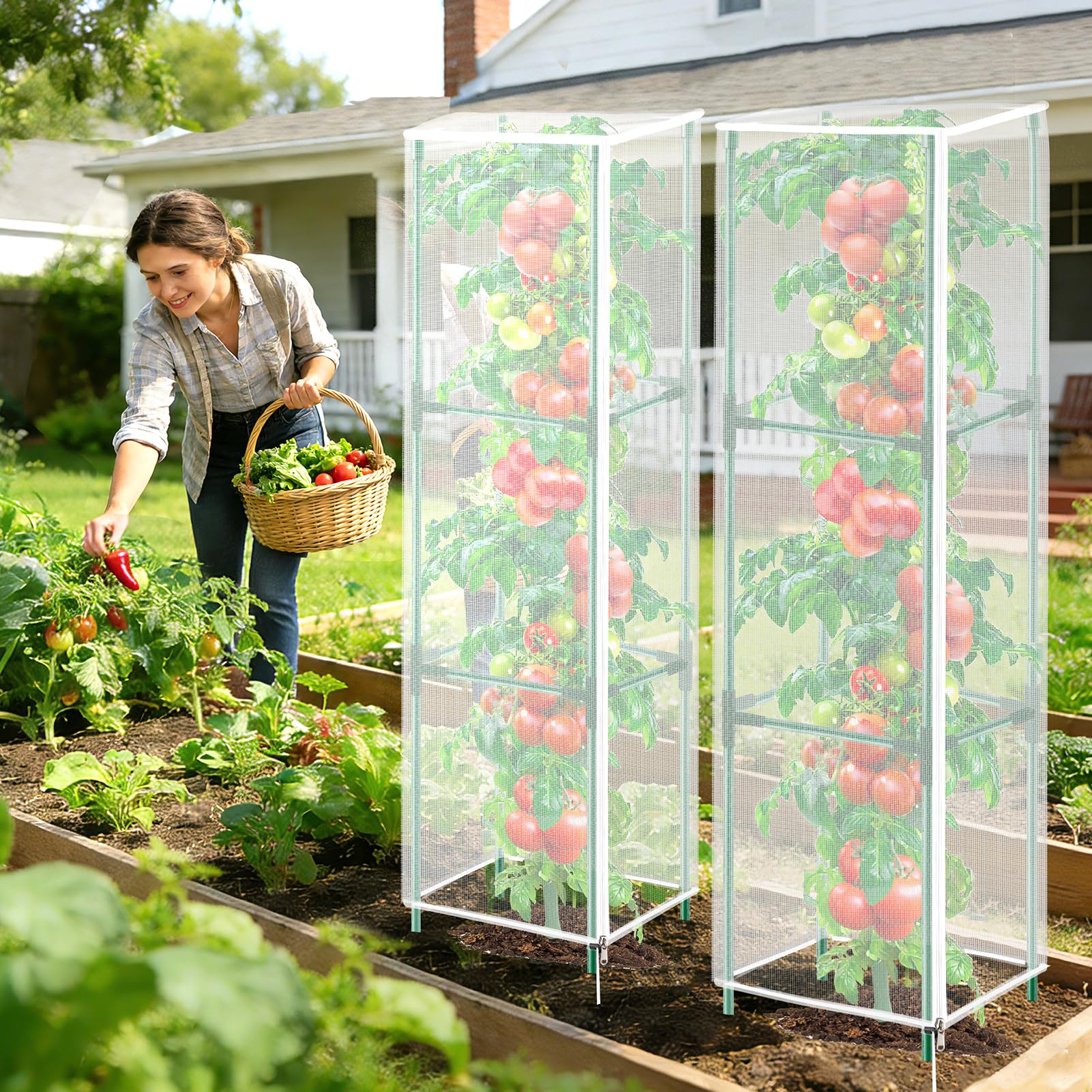 3 Pack Garden Bird Netting Plant Cover for Square Tomato Cage,14.6"x14.6"x51.2" Insect Bird Barrier Tomato Cage Net with Zipper Drawstring,Tomato Trellis Netting Protection Cover for Protecting Plants