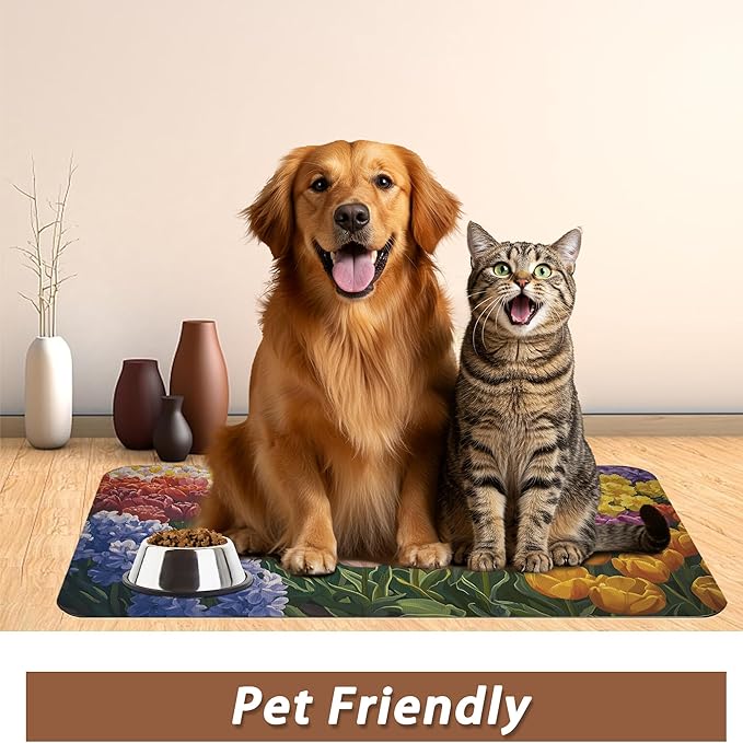 Tulip Lavender Pet Feeding Mat,Vintage Flower Fields Absorbent Quick-Dry Cat Dog Food and Water Bowl Mats,Non-Slip Rubber Backing Mat,Cat Dog Accessories Supplies 16"x24"