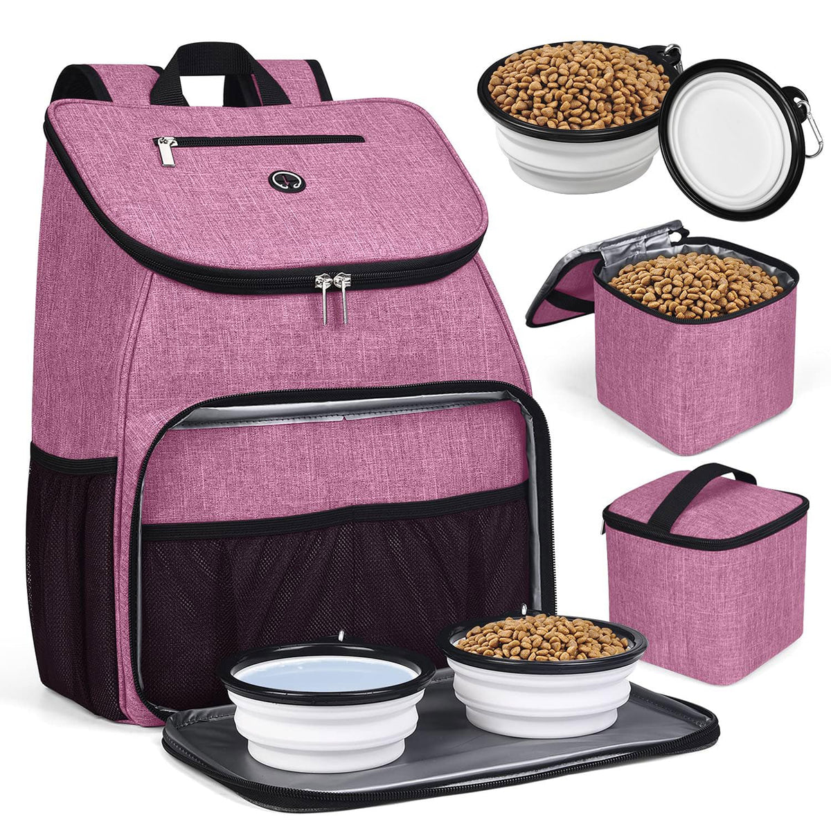 BAGLHER丨Dog Travel Bag, Airline Approved Pet Supplies Backpack, Dog Travel Backpack Accessories Set with 2 Silicone Collapsible Bowls and 2 Food Baskets. Purple