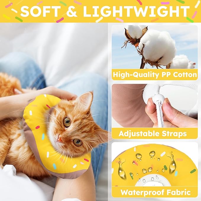 Cat Cone Collar Soft, Waterproof Cat Recovery Collars Spay Cones to Stop Licking Cute Donut E Collar After Surgery Anti-Lick Wound Healing Safety Elizabethan Collar for Kittens (Donut Yellow, Large)