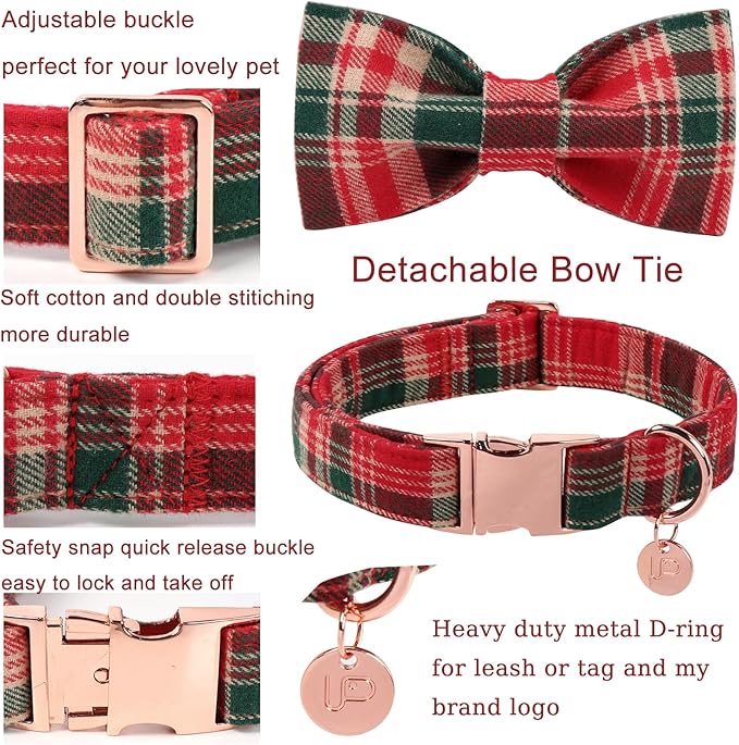 Christmas Plaid Dog Collar with Bow Tie– Adjustable Red & Green Checkered Dog Collar for Small Medium Large Dogs, Soft Xmas Plaid Puppy Collars with Quick Release Buckle XL