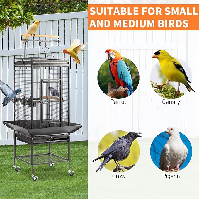 VINGLI Bird Cage with Wheels, 62 inch Bird Cages with Play Top, Wrought Iron Cage with Rolling Stand for Parrots, Cockatiels, Budgies, Lovebirds, Small/Medium Birds (Black)
