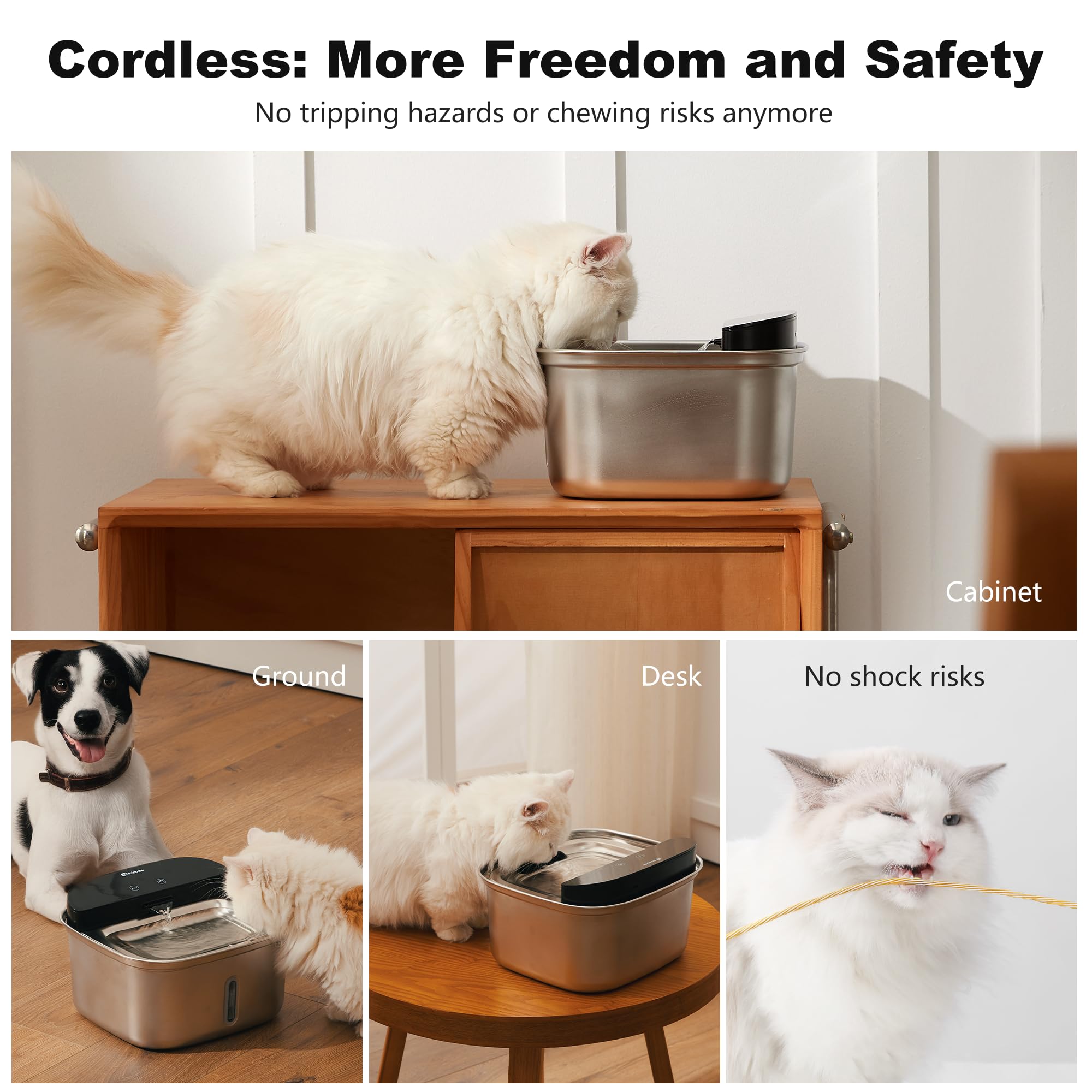 HOLAPAW Wireless Cat Water Fountain Stainless Steel, 128oz/3.78L Cordless Automatic Water Dispenser for Cats and Dogs, Battery Operated Drinking Fountain for Pets with Motion Sensor, Ultra Quiet Pump