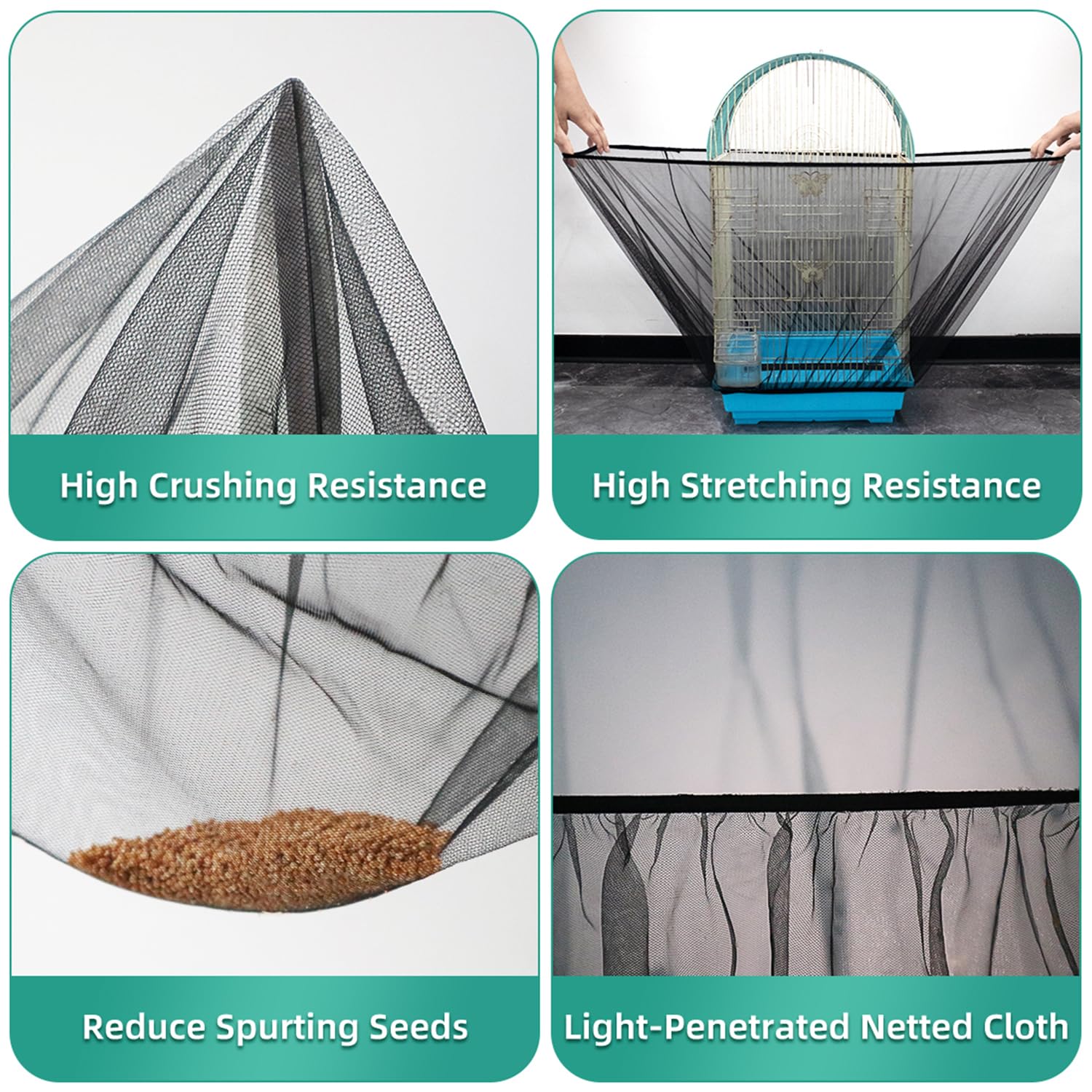DECKALY Bird Cage Seed Catcher, Seed Catcher Guard Net Cover, Parrot Nylon Mesh Net Cover, Universal Soft Airy Cage Net Stretchy Skirt for Round Square Cages (Solid-Black, 15.7" x87")