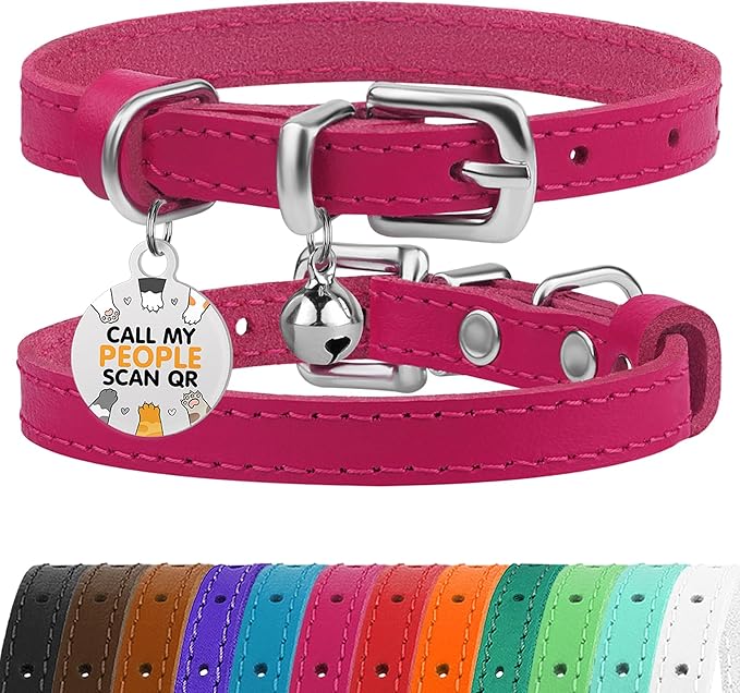 BRONZEDOG Leather Cat Collar with Removable Bells Non Breakaway Kitten QR Tag for Girl Boy (7" - 9" for Cats