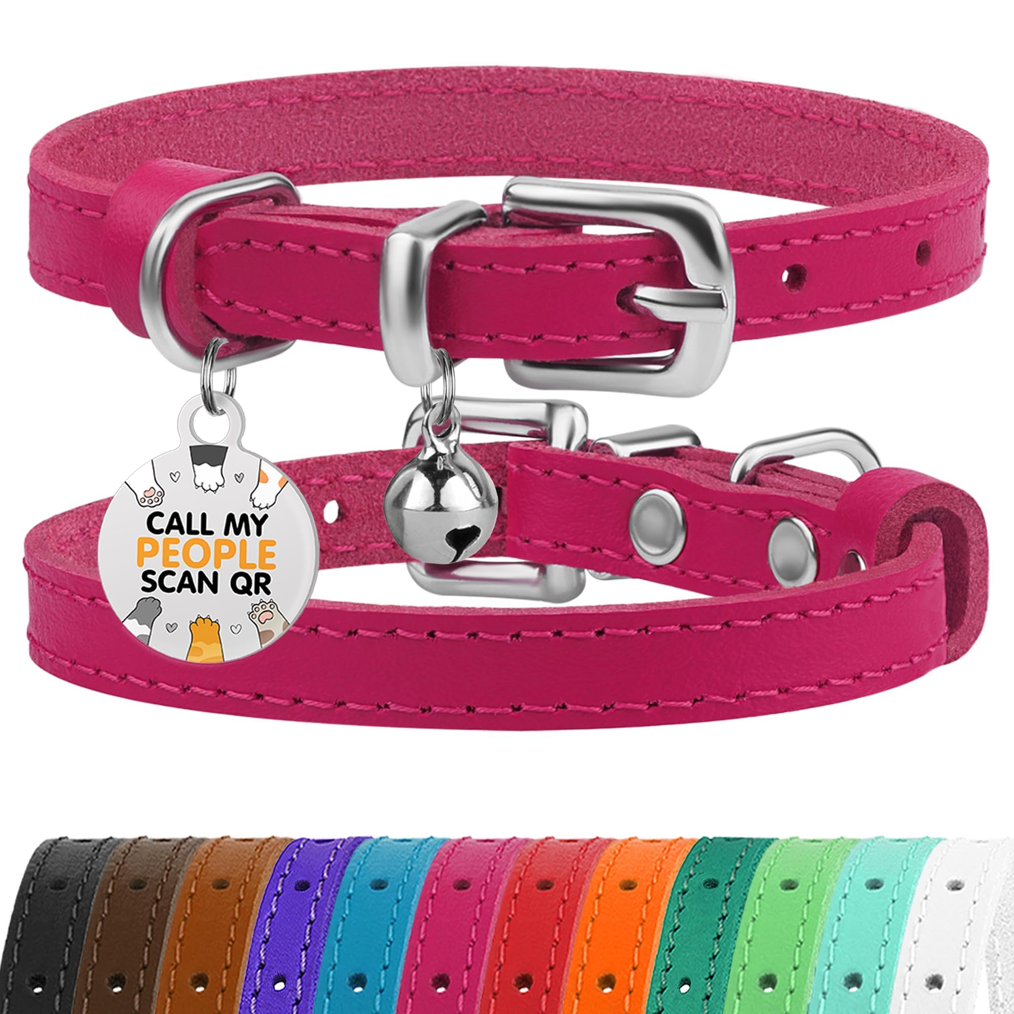 BRONZEDOG Leather Cat Collar with Removable Bells Non Breakaway Kitten QR Tag for Girl Boy (7" - 9" for Cats, Pink & Silver)